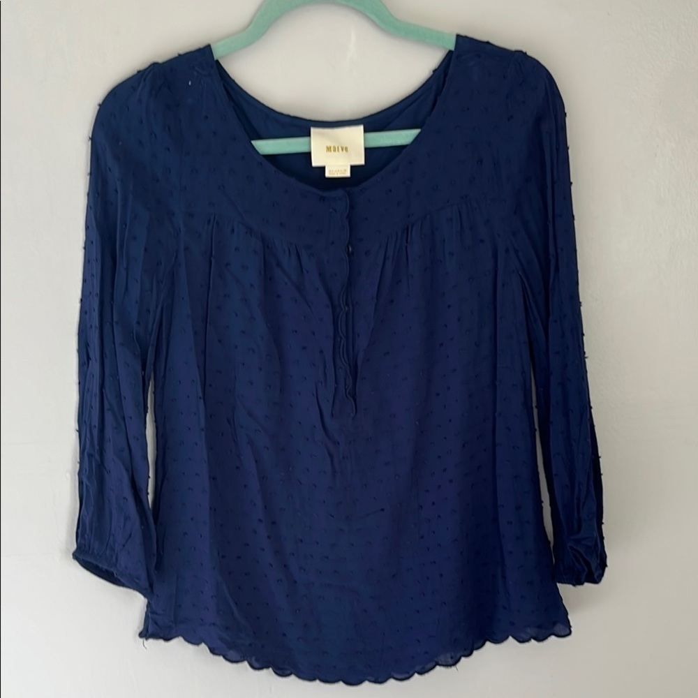 Anthropologie Maeve Swiss Dot Blue Blouse with 3/4 Sleeves.  Size 4